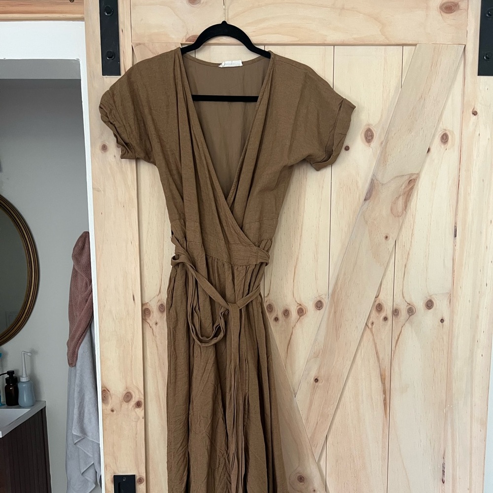 little cottonwood // Brown Linen Wrap Midi Dress